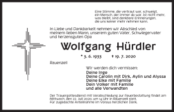 Traueranzeige von Wolfgang Hürdler von Ansbach