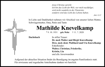 Traueranzeige von Mathilde Knevelkamp von FLZ