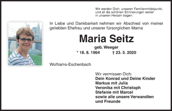 Traueranzeige von Maria Seitz von Ansbach