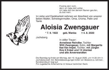 Traueranzeige von Aloisia Zwengauer von Ansbach