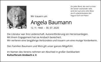 Traueranzeige von Angela Baumann von Ansbach