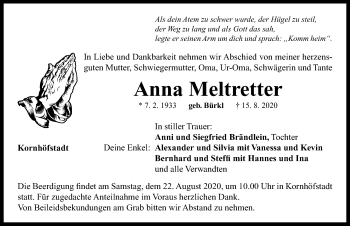 Traueranzeige von Anna Meltretter von Neustadt/ Scheinfeld/ Uffenheim