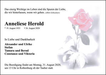 Traueranzeige von Anneliese Herold von Rothenburg