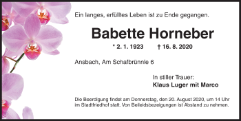 Traueranzeige von Babette Horneber von Ansbach