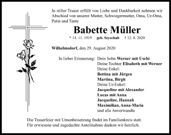 Traueranzeige von Babette Müller von Neustadt/ Scheinfeld/ Uffenheim