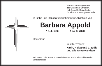 Traueranzeige von Barbara Appold von Ansbach