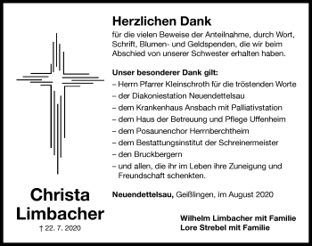 Traueranzeige von Christa Limbacher von Ansbach