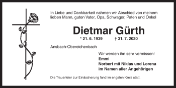 Traueranzeige von Dietmar Gürth von Ansbach