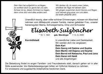 Traueranzeige von Elisabeth Sulzbacher von Neustadt/ Scheinfeld/ Uffenheim