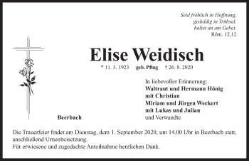 Traueranzeige von Elise Weidisch von Neustadt/ Scheinfeld/ Uffenheim