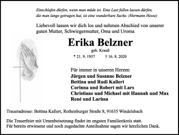 Traueranzeige von Erika Belzner von Rothenburg