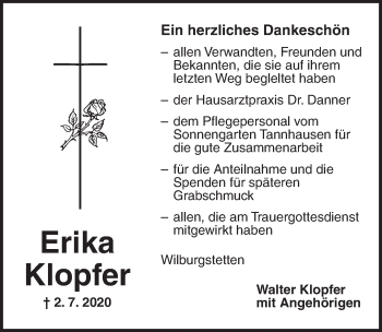 Traueranzeige von Erika Klopfer von Dinkelsbühl/ Feuchtwangen