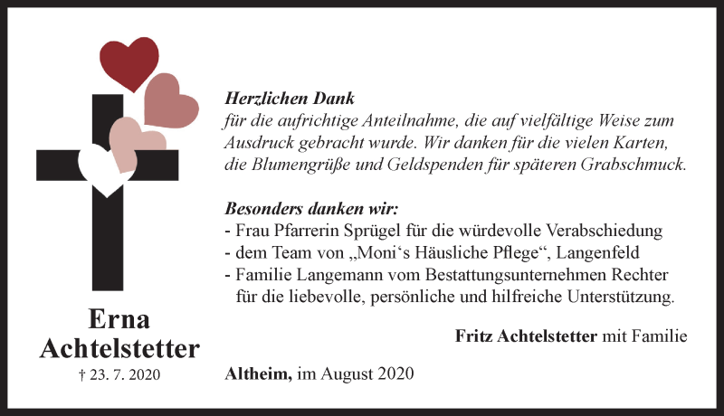  Traueranzeige für Erna Achtelstetter vom 10.08.2020 aus Neustadt/ Scheinfeld/ Uffenheim