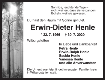 Traueranzeige von Erwin-Dieter Henle von Dinkelsbühl/ Feuchtwangen