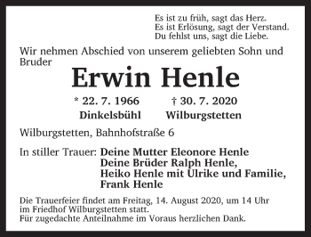 Traueranzeige von Erwin Henle von Dinkelsbühl/ Feuchtwangen