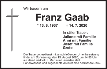 Traueranzeige von Franz Gaab von Ansbach
