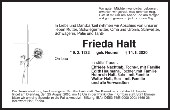 Traueranzeige von Frieda Halt von Ansbach