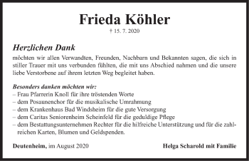 Traueranzeige von Frieda Köhler von Neustadt/ Scheinfeld/ Uffenheim