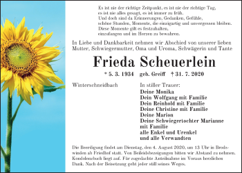 Traueranzeige von Frieda Scheuerlein von Ansbach