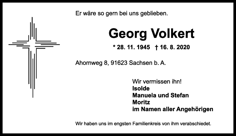  Traueranzeige für Georg Volkert vom 21.08.2020 aus Ansbach
