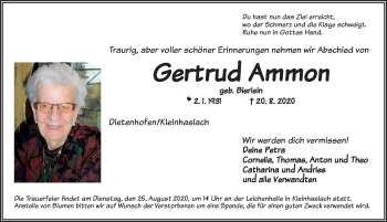 Traueranzeige von Gertrud Ammon von Ansbach