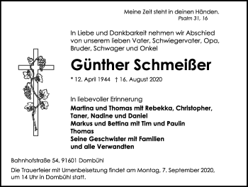 Traueranzeige von Günther Schmeißer von Dinkelsbühl/ Feuchtwangen