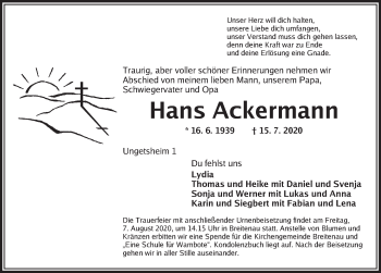 Traueranzeige von Hans Ackermann von Dinkelsbühl/ Feuchtwangen