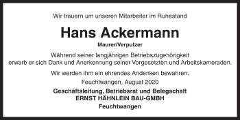 Traueranzeige von Hans Ackermann von Dinkelsbühl/ Feuchtwangen