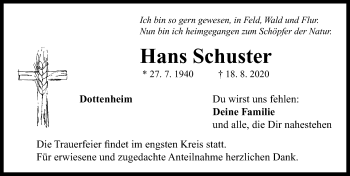 Traueranzeige von Hans Schuster von Neustadt/ Scheinfeld/ Uffenheim