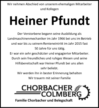 Traueranzeige von Heiner Pfundt von Ansbach