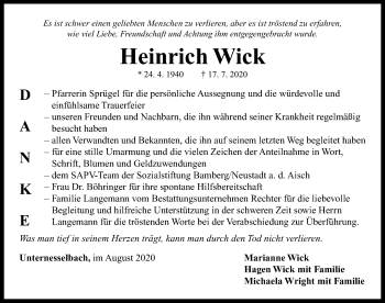 Traueranzeige von Heinrich Wick von Neustadt/ Scheinfeld/ Uffenheim