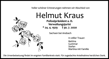 Traueranzeige von Helmut Kraus von Ansbach