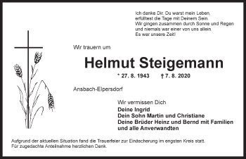 Traueranzeige von Helmut Steigemann von Ansbach