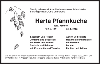 Traueranzeige von Herta Pfannkuche von Ansbach
