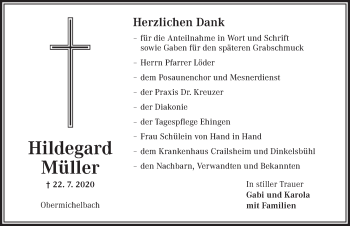 Traueranzeige von Hildegard Müller von Dinkelsbühl/ Feuchtwangen