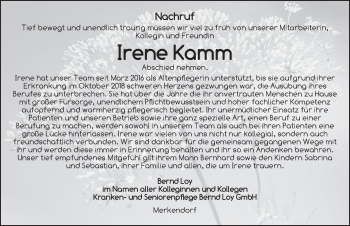 Traueranzeige von Irene Kamm von Ansbach