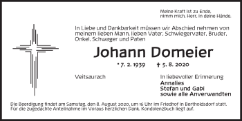 Traueranzeige von Johann Domeier von Ansbach