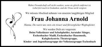 Traueranzeige von Johanna Arnold von Neustadt/ Scheinfeld/ Uffenheim