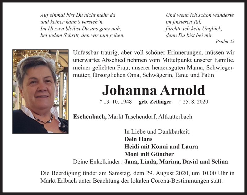  Traueranzeige für Johanna Arnold vom 27.08.2020 aus Neustadt/ Scheinfeld/ Uffenheim