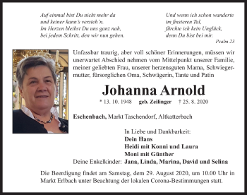 Traueranzeige von Johanna Arnold von Neustadt/ Scheinfeld/ Uffenheim