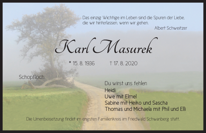  Traueranzeige für Karl Masurek vom 19.08.2020 aus Dinkelsbühl/ Feuchtwangen