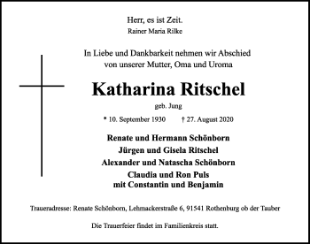 Traueranzeige von Katharina Ritschel von Rothenburg