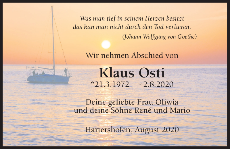  Traueranzeige für Klaus Osti vom 07.08.2020 aus Rothenburg