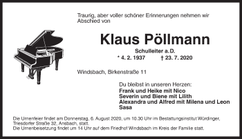 Traueranzeige von Klaus Pöllmann von Ansbach