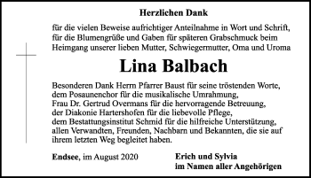 Traueranzeige von Lina Balbach von Rothenburg