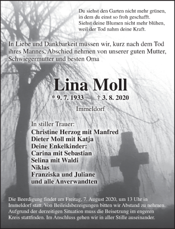 Traueranzeige von Lina Moll von Ansbach