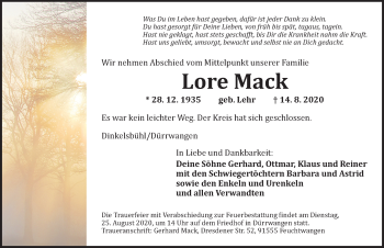 Traueranzeige von Lore Mack von Dinkelsbühl/ Feuchtwangen