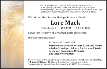 Traueranzeige von Lore Mack von Dinkelsbühl/ Feuchtwangen