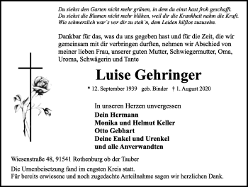 Traueranzeige von Luise Gehringer von Rothenburg