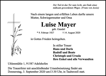 Traueranzeige von Luise Mayer von Rothenburg